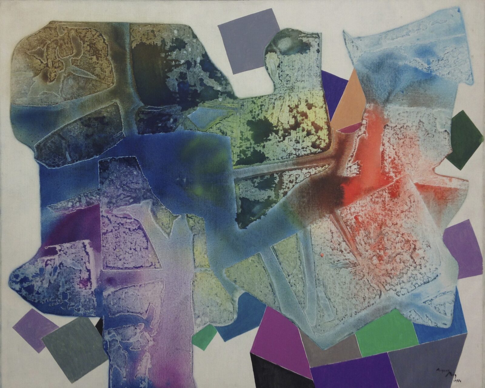 Painting by August Puig: fields of violet, red and green with collaged paper