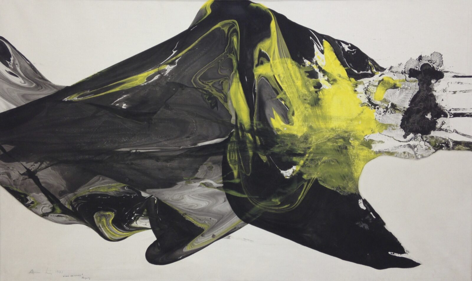 Painting by August Puig: black and yellow brushwork sweeping across a white ground